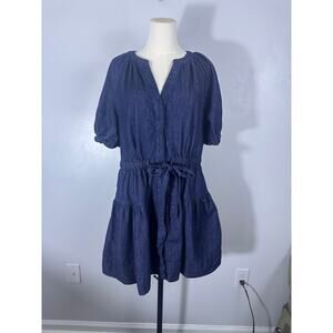 Women's Dark Wash Denim Tiered Mini Dress Puff Sleeve Button Front Cotton L12/14